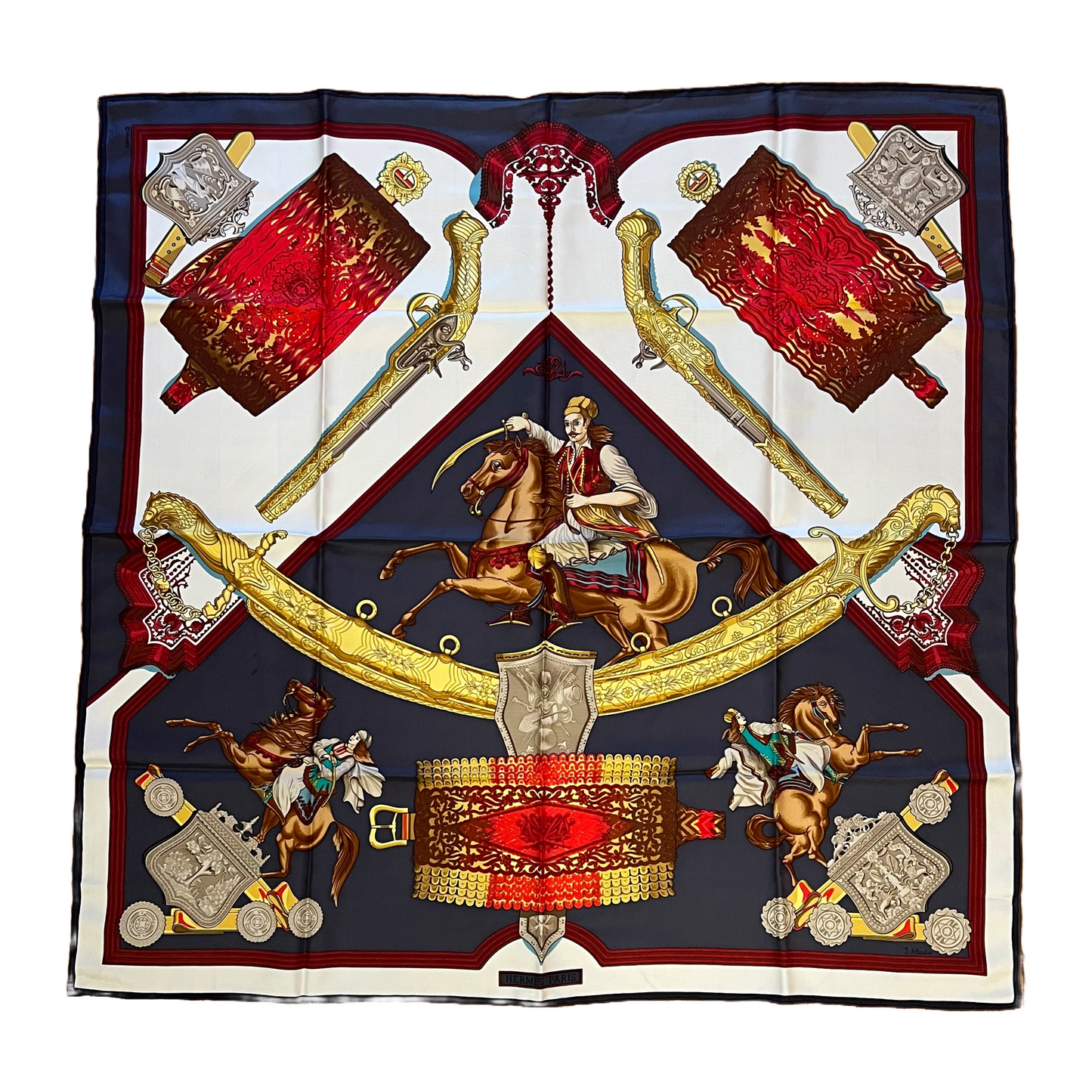 Hermès “1821” Vintage Silk Scarf — Charcoal, Navy & Burgundy
