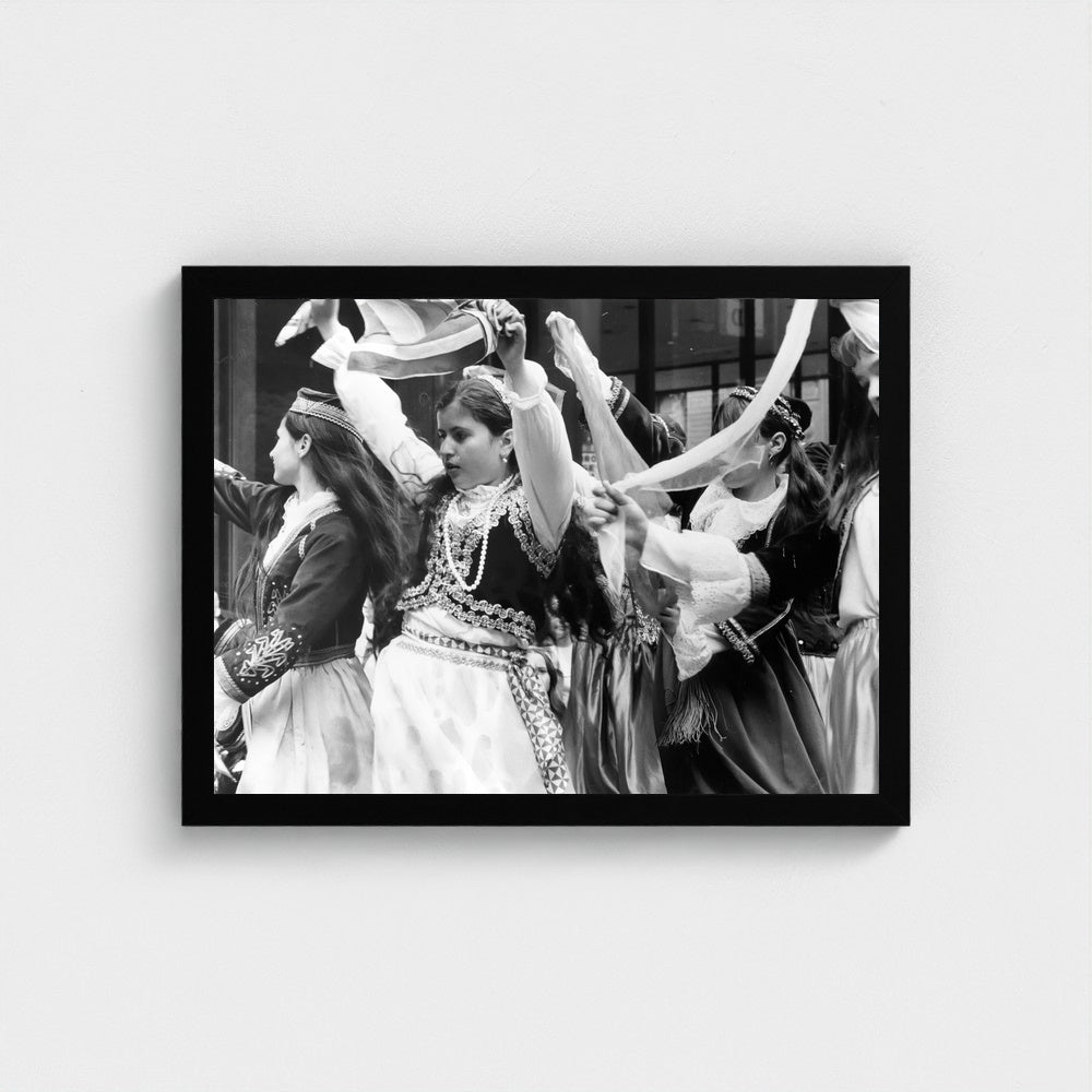 Women Dancing Together — 12 × 16 inch black framed print