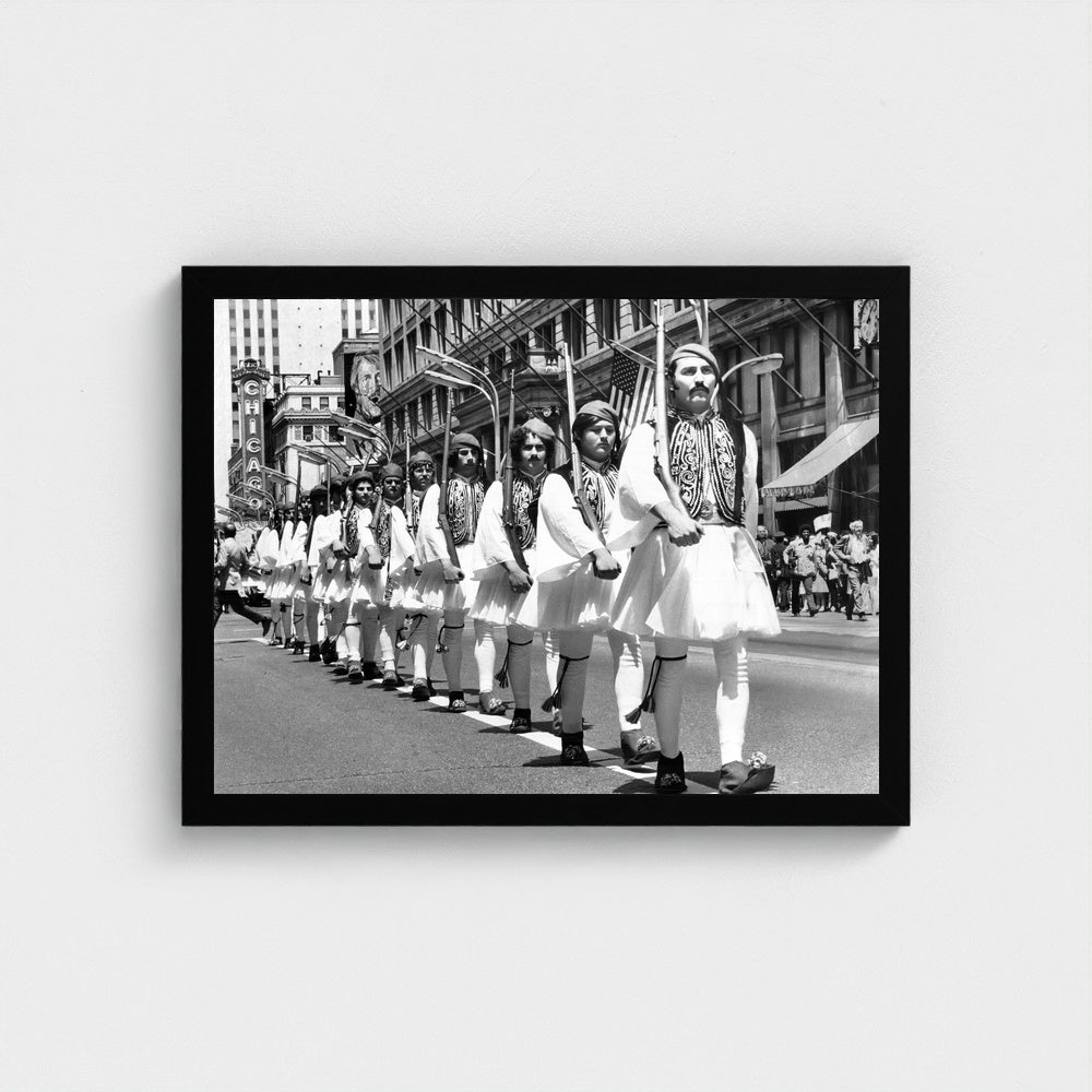 Evzones beside the Chicago Theatre — 12 × 16 inch black framed print