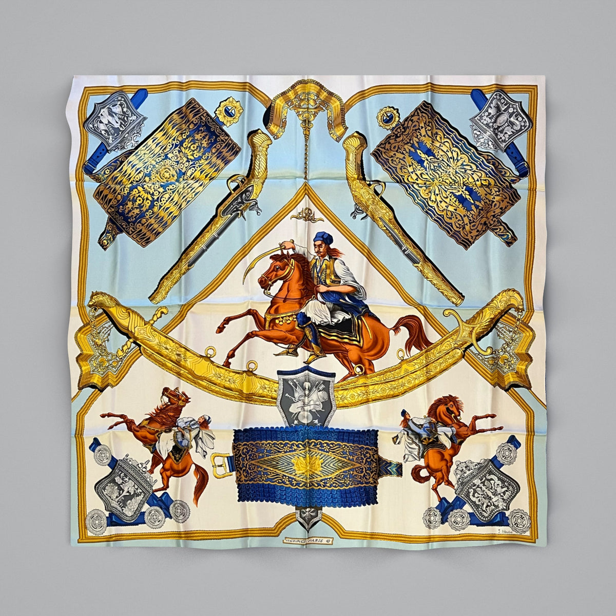Hermès “1821” Vintage Silk Scarf — Sky Blue & Gold