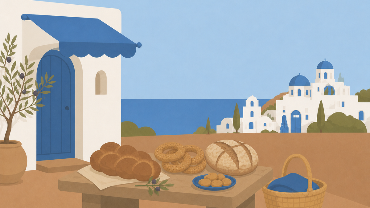 Traditional Greek bakery goods in a Mediterranean village setting