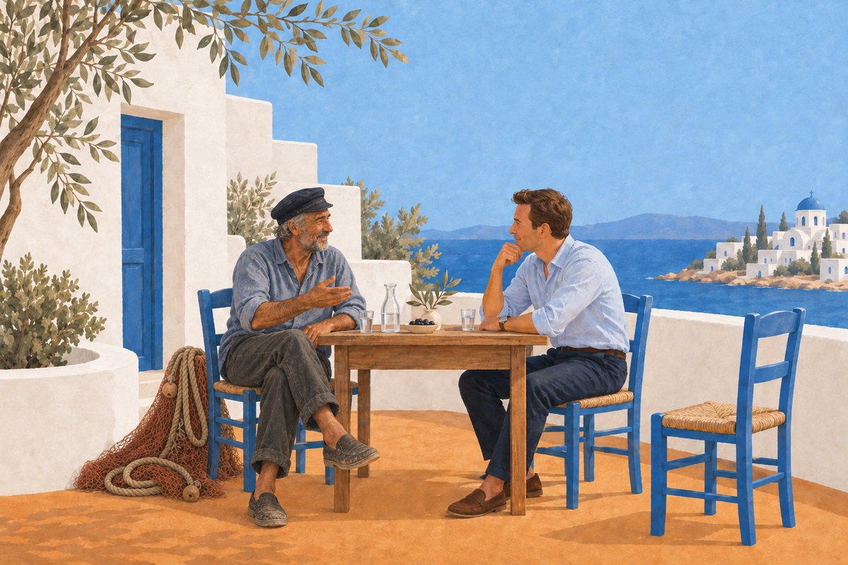 Cycladic-style illustration of a Greek fisherman and taverna owner in a navy cap talking with a visiting executive beside the sea, with an empty blue chair at the table.