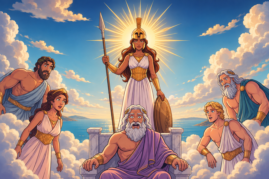 Athena standing among the Olympian gods above the Aegean Sea