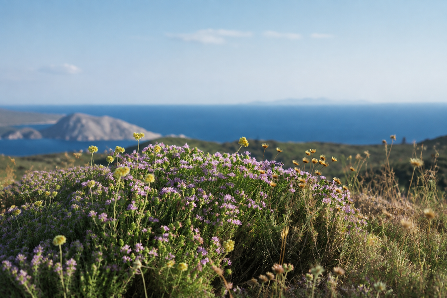Wild flowering herbs on a Cretan hillside overlooking the sea