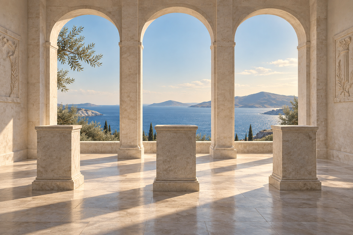 Imagined editorial illustration of three empty stone pedestals overlooking the Aegean, symbolizing Greece’s absent antiquities