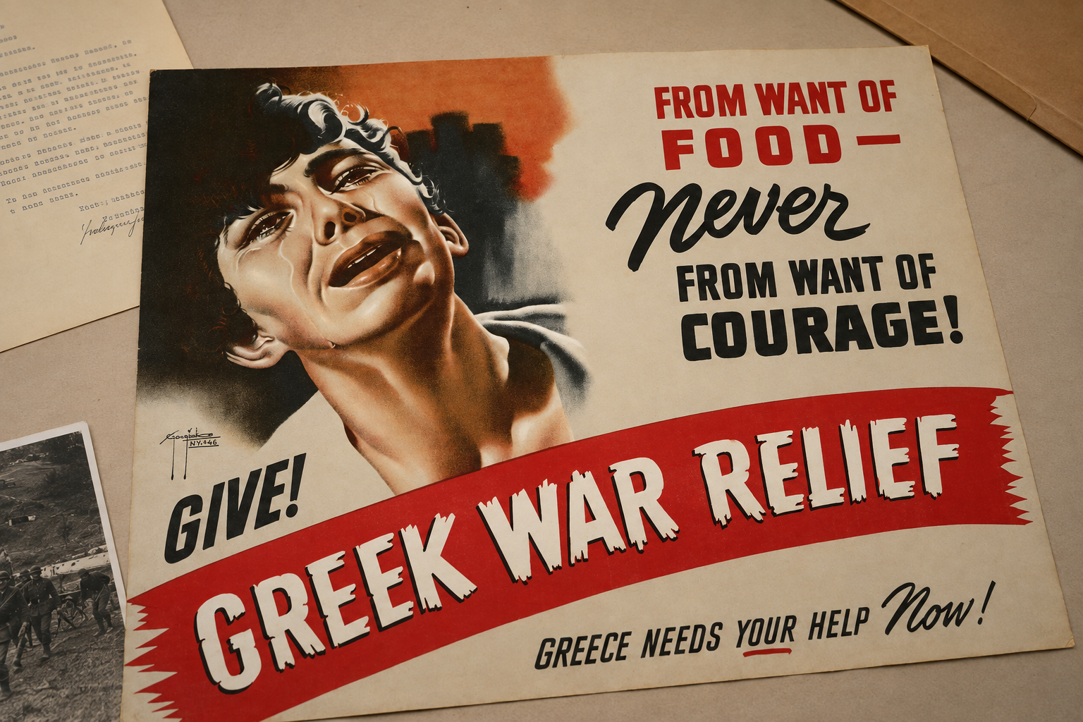 A Greek War Relief poster preserved with archival papers and a period photograph