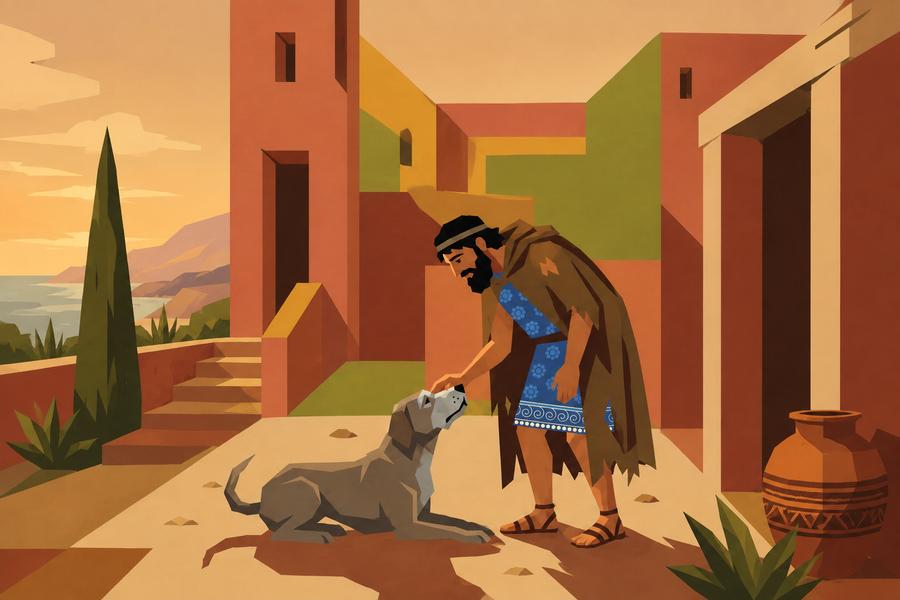 The disguised Odysseus recognized by his old dog Argos in Ithaca