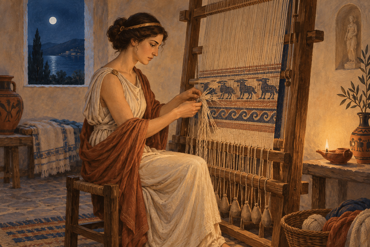 Imagined editorial illustration of Penelope undoing her weaving by lamplight