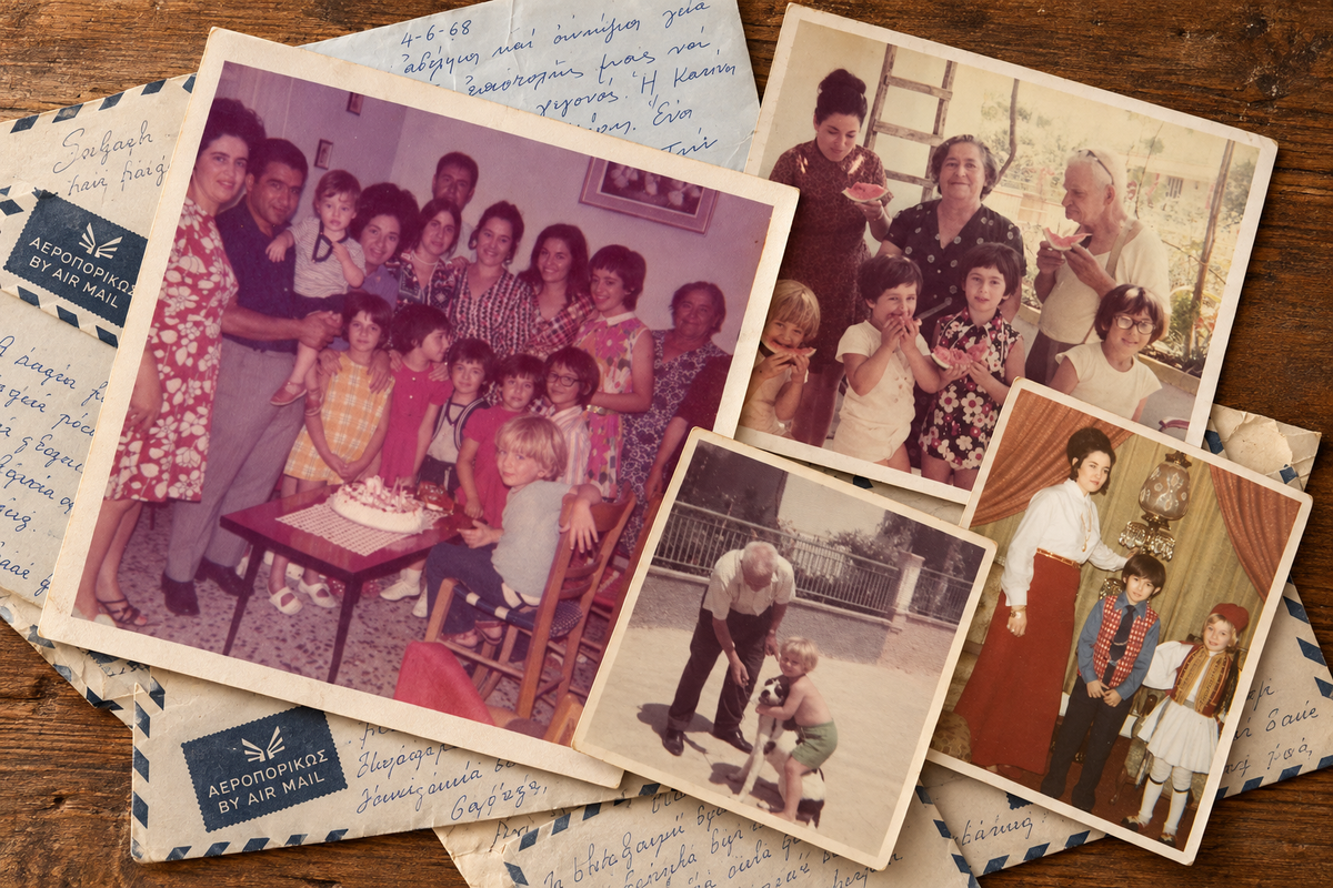 Vintage family photographs from Gregory Pappas’s childhood arranged over handwritten Greek letters and airmail envelopes.
