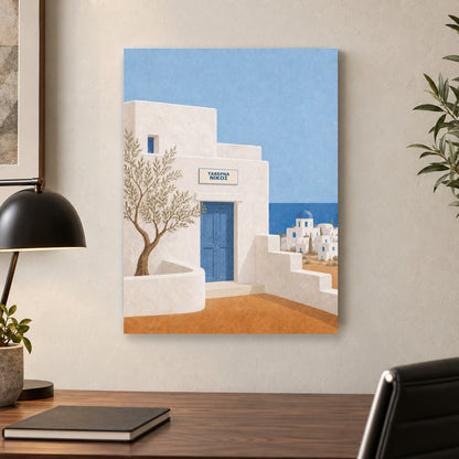 AI-staged office room mockup: Aegean Modernist, ΝΙΚΟΣ. 12 × 16-inch acrylic panel; example name shown.
