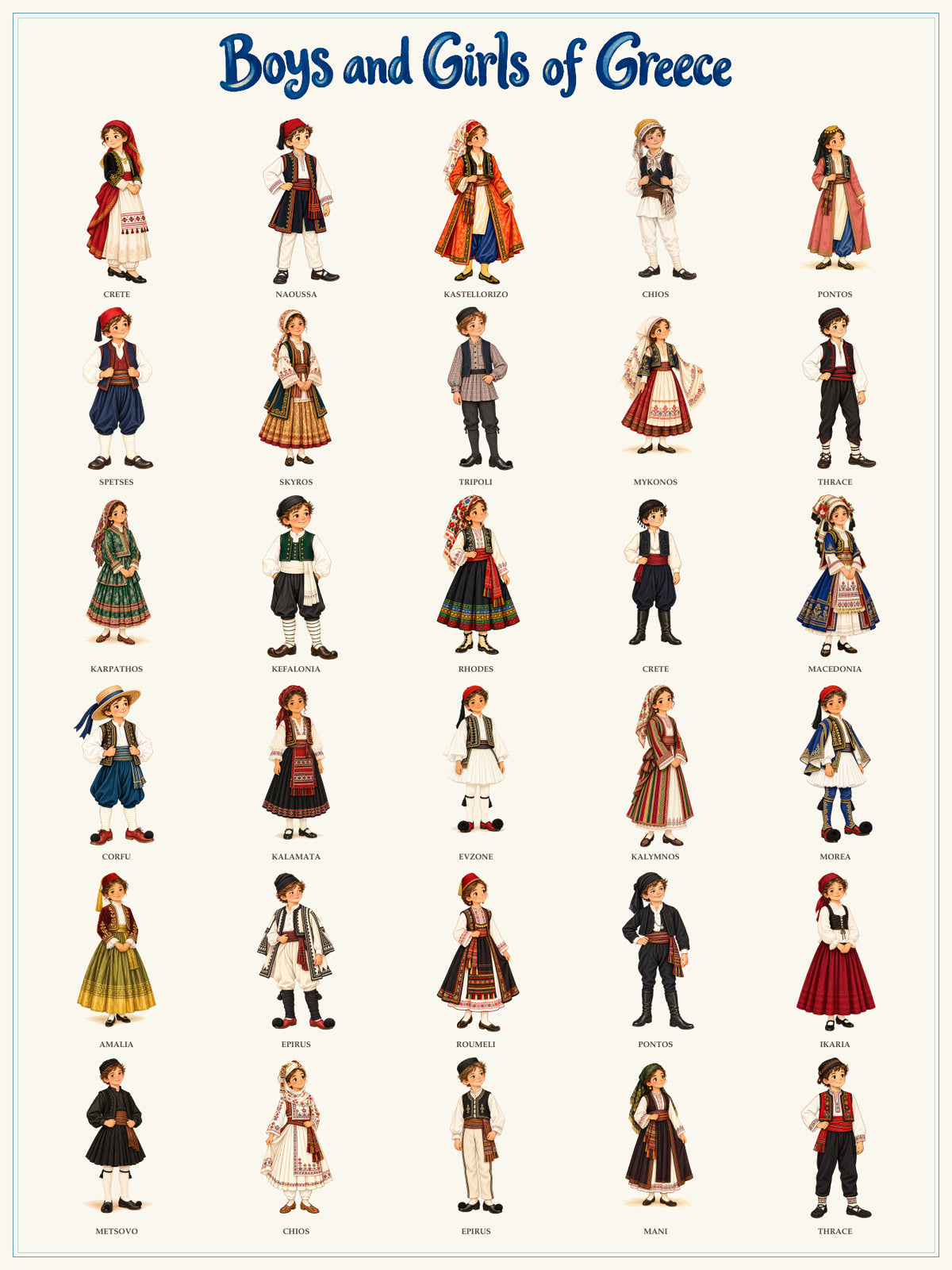 Boys and Girls of Greece: approved 30-character artwork and blue title. Artwork view; choose unframed, framed or canvas.