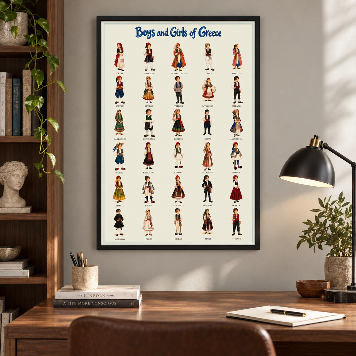AI-generated room illustration: Boys and Girls of Greece — Black frame in a contemporary home study. Styling accessories not included; see product-only images for artwork detail.