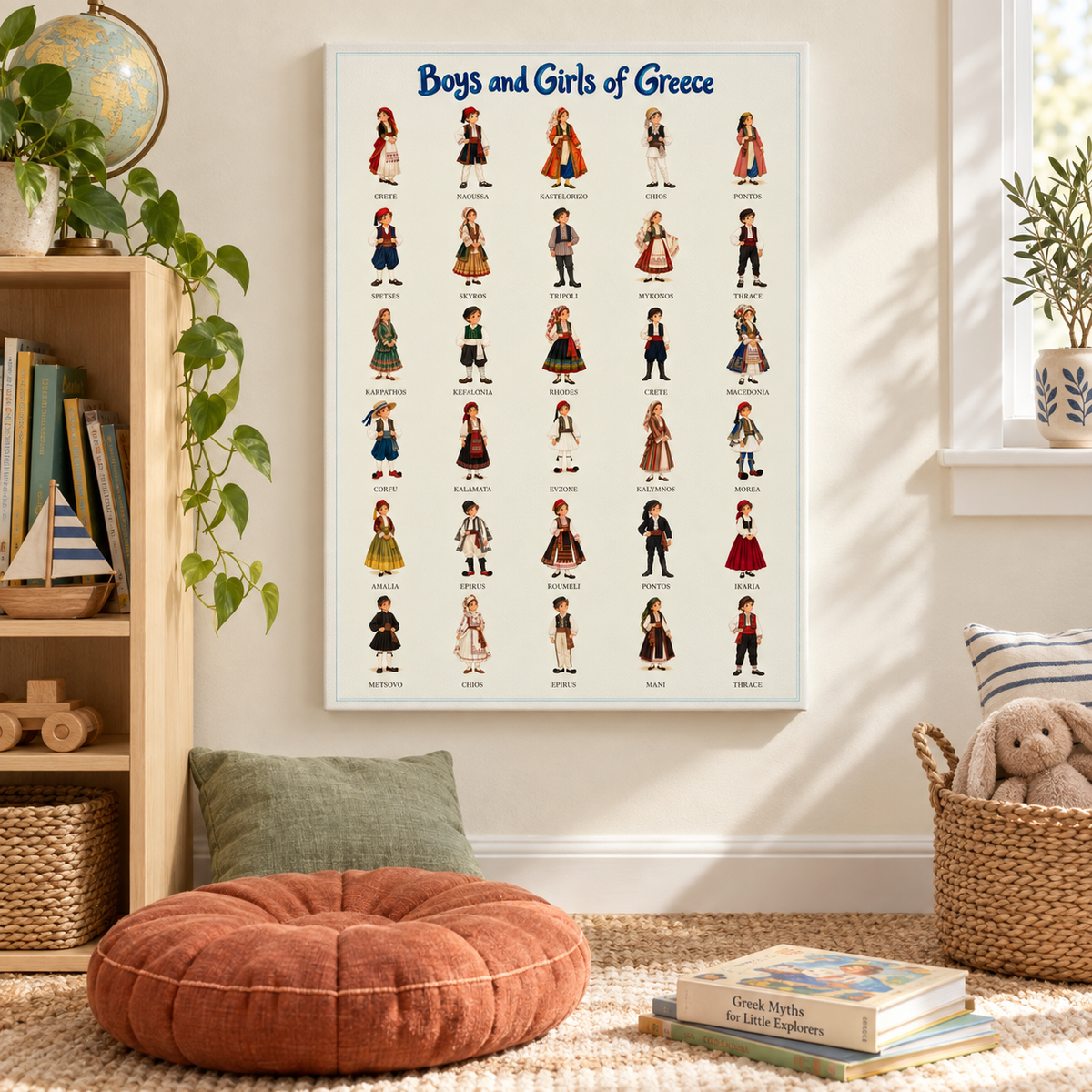 AI-generated room illustration: Boys and Girls of Greece — Canvas in a child’s reading corner. Styling accessories not included; see product-only images for artwork detail.