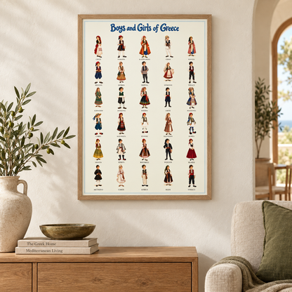 AI-generated room illustration: Boys and Girls of Greece — Natural frame in a warm Mediterranean living room. Styling accessories not included; see product-only images for artwork detail.