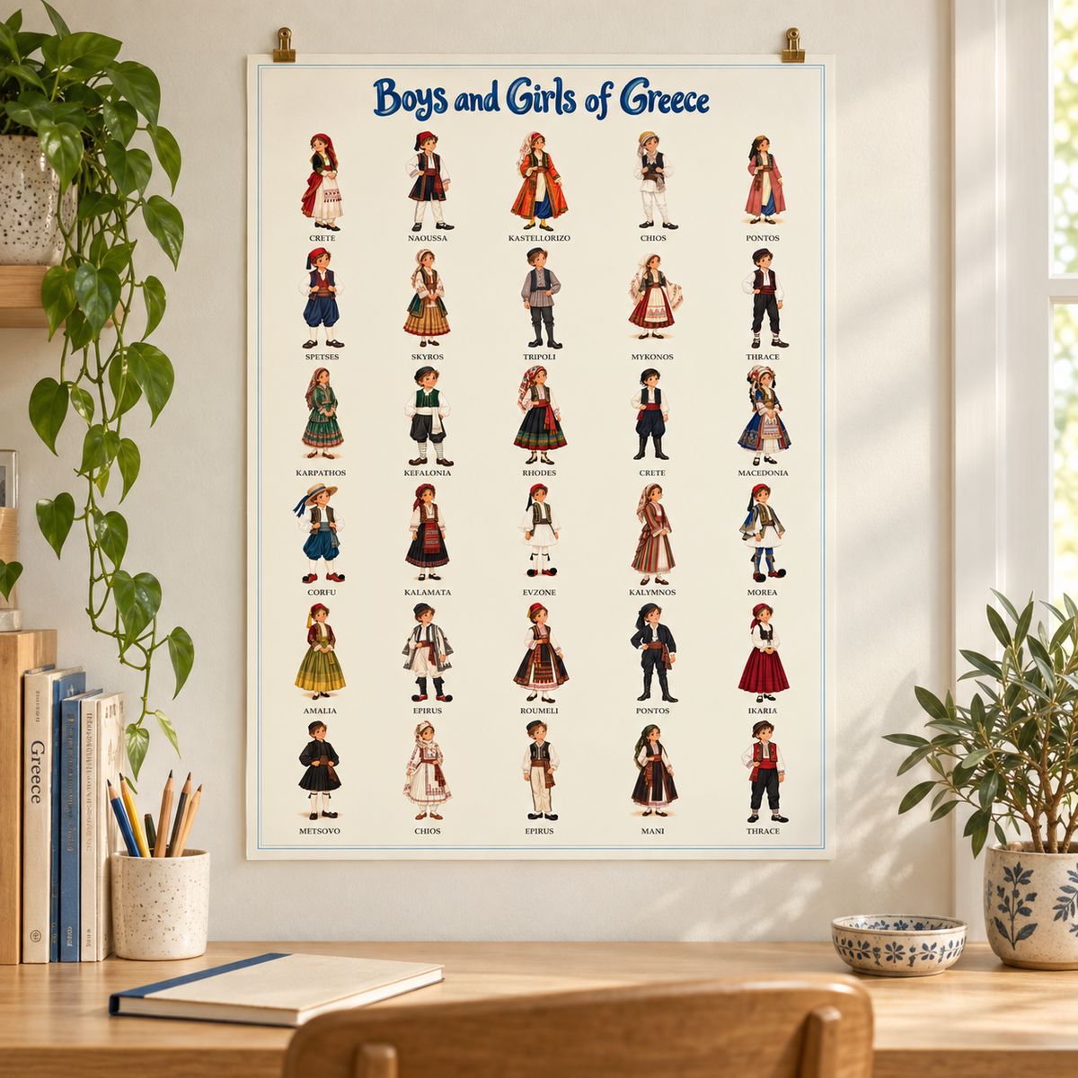 AI-generated room illustration: Boys and Girls of Greece — Unframed print styled with clips above a home desk. Styling accessories not included; see product-only images for artwork detail.