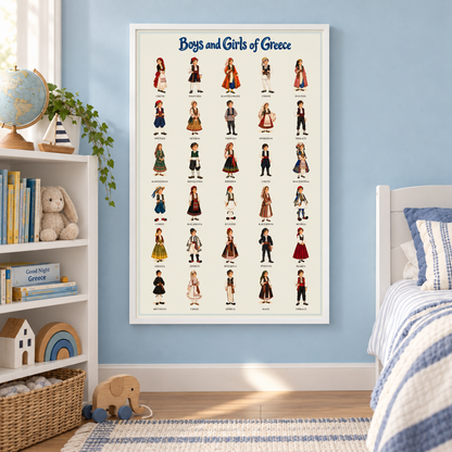 AI-generated room illustration: Boys and Girls of Greece — White frame in a blue child’s bedroom. Styling accessories not included; see product-only images for artwork detail.