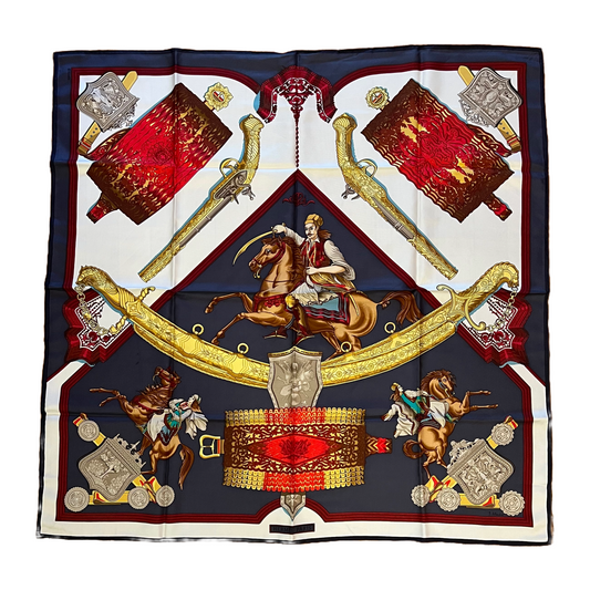 Hermès “1821” Vintage Silk Scarf — Charcoal, Navy & Burgundy