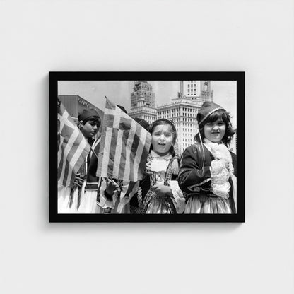 Children with Flags — 12 × 16 inch black framed print