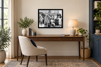 Children with Flags in a black frame, shown in an office setting — room visualization