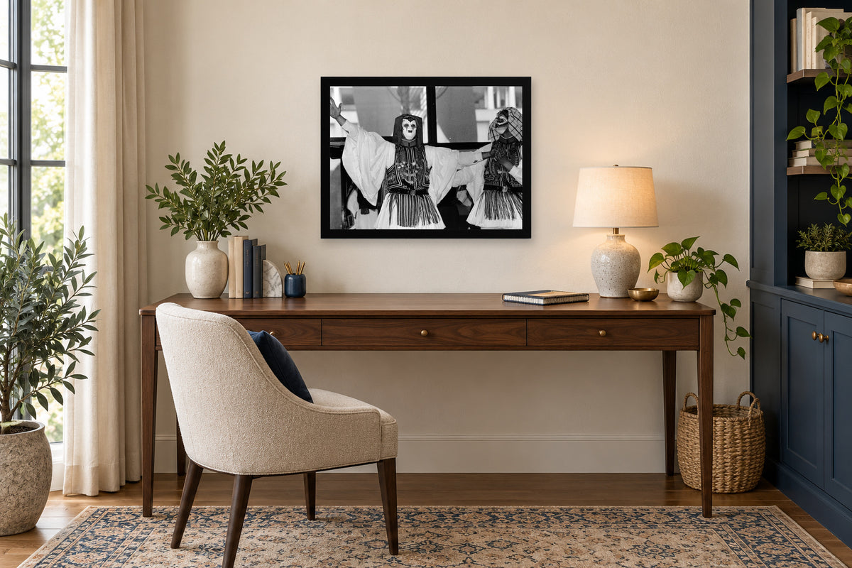 Masked Performers in a black frame, shown in an office setting — room visualization