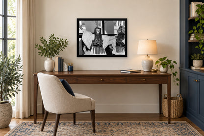 Masked Performers in a black frame, shown in an office setting — room visualization