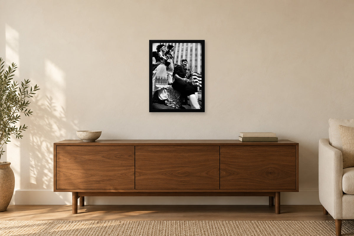 Musicians on a Parade Float in a black frame, shown in a home setting — room visualization