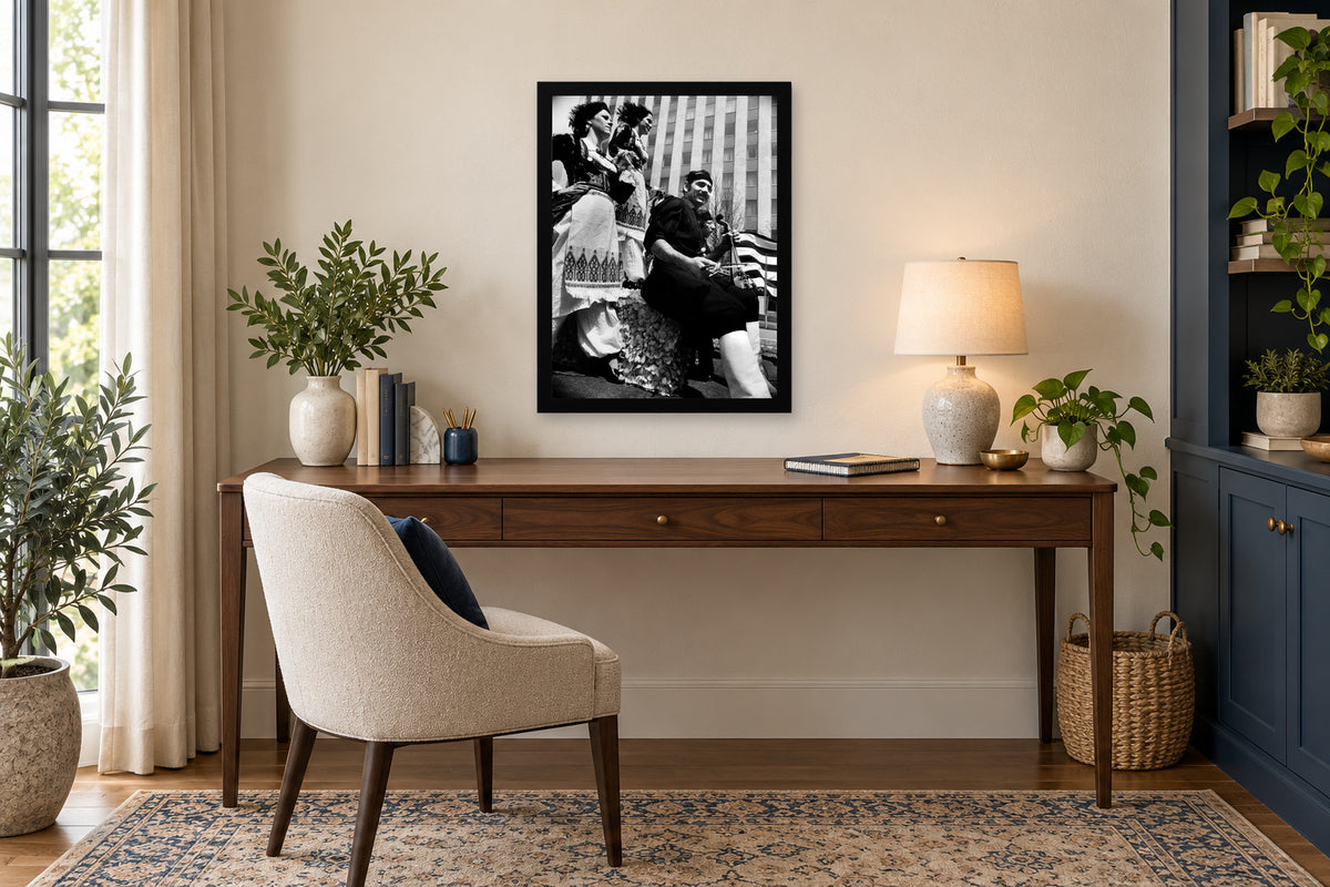 Musicians on a Parade Float in a black frame, shown in an office setting — room visualization