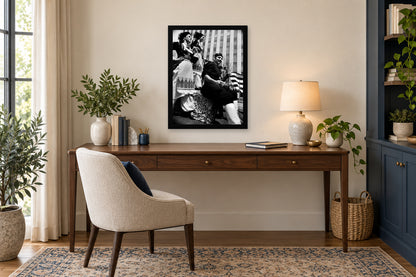 Musicians on a Parade Float in a black frame, shown in an office setting — room visualization