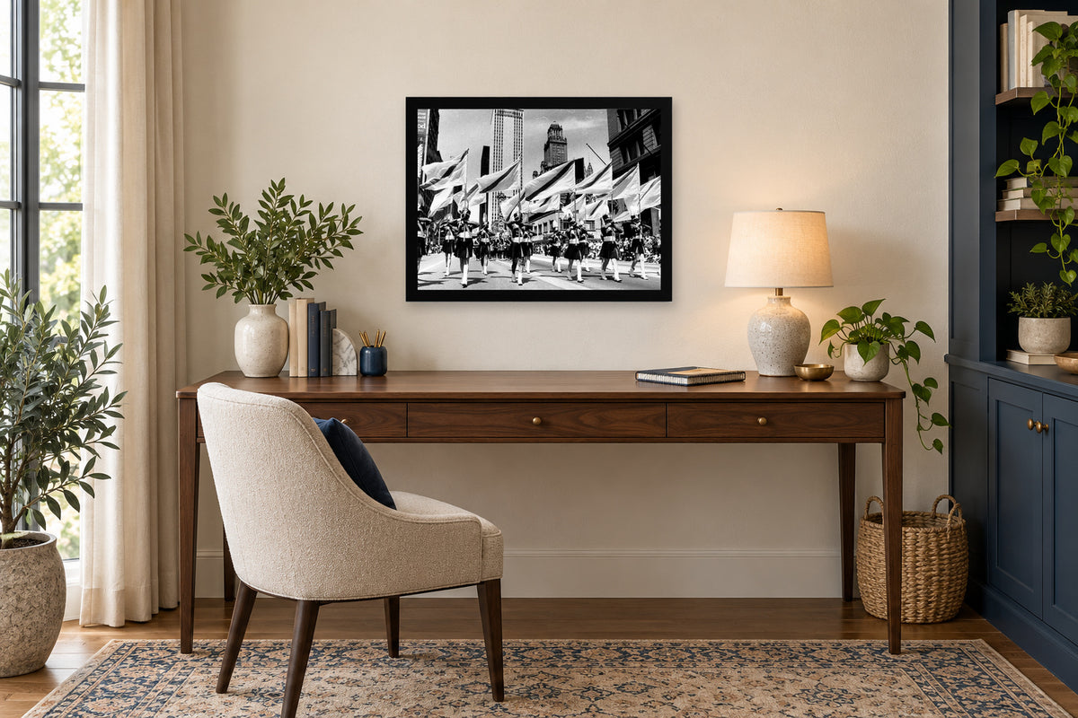 Chicago Parade Flags in a black frame, shown in an office setting — room visualization