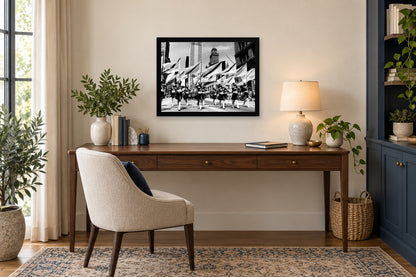 Chicago Parade Flags in a black frame, shown in an office setting — room visualization