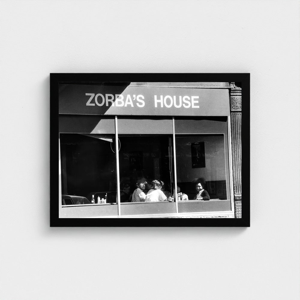 Zorba’s House Storefront — 12 × 16 inch black framed print