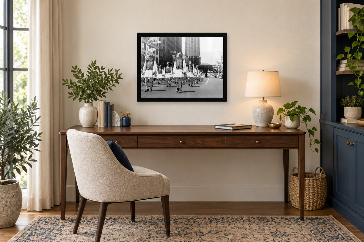 Parade Near Marina City in a black frame, shown in an office setting — room visualization