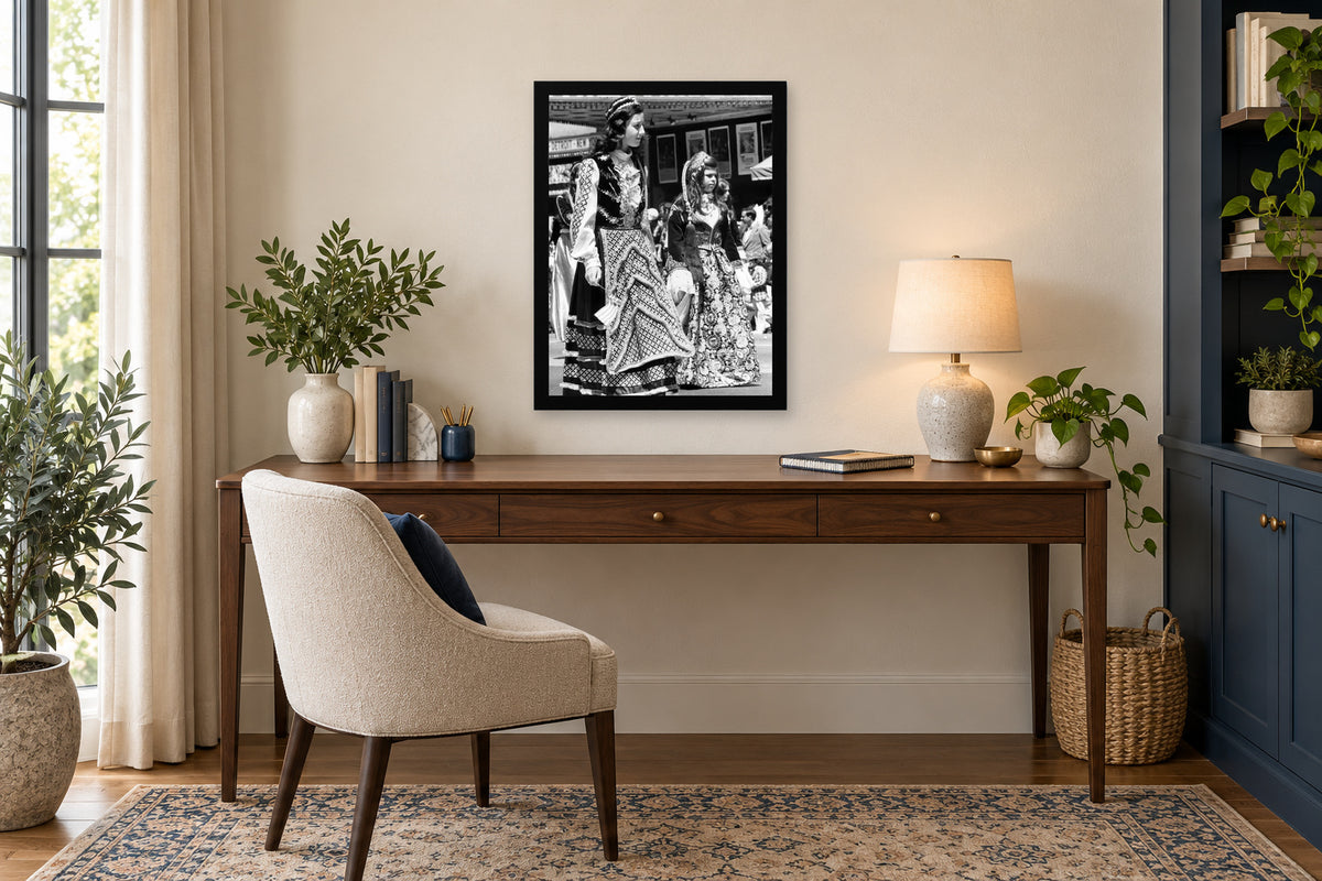 Women in Traditional Dress in a black frame, shown in an office setting — room visualization