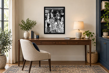 Women in Traditional Dress in a black frame, shown in an office setting — room visualization