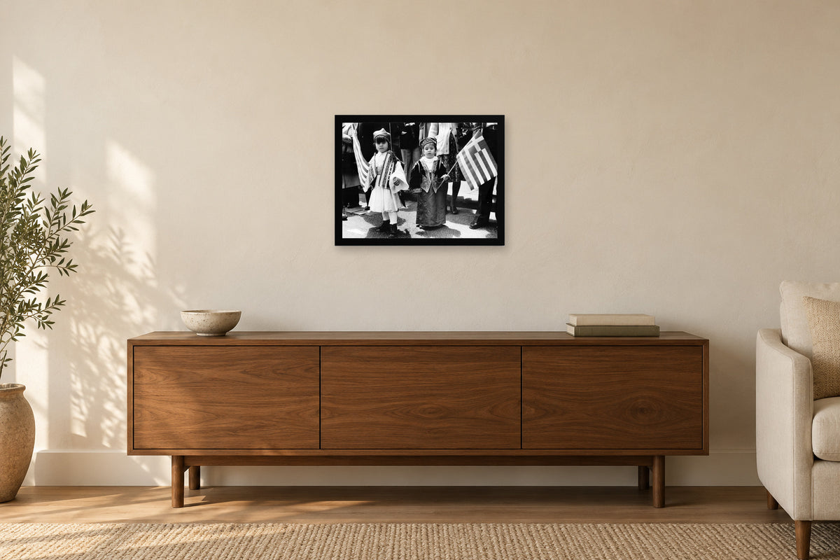 Children Carrying Flags in a black frame, shown in a home setting — room visualization