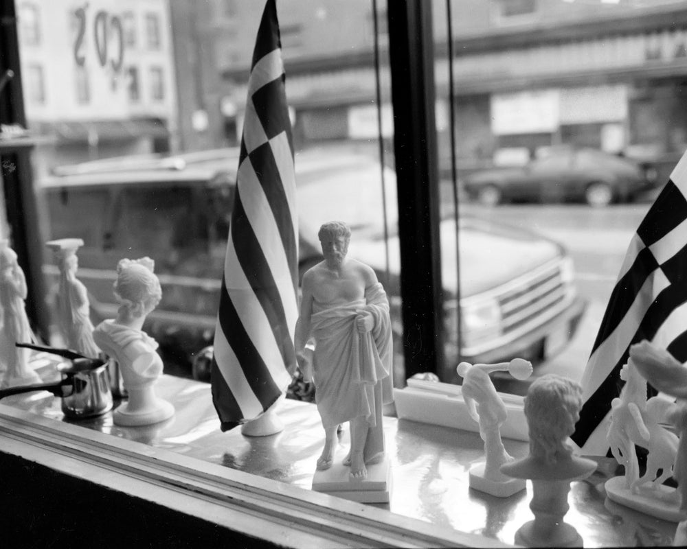 Greek Flags in the Shop Window — 8 × 10 inch art print