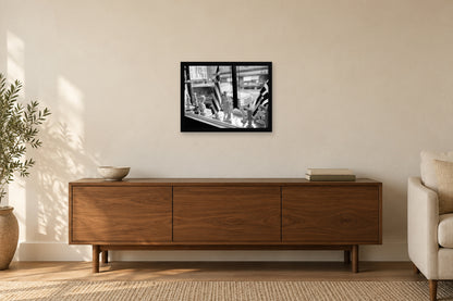 Greek Flags in the Shop Window in a black frame, shown in a home setting — room visualization