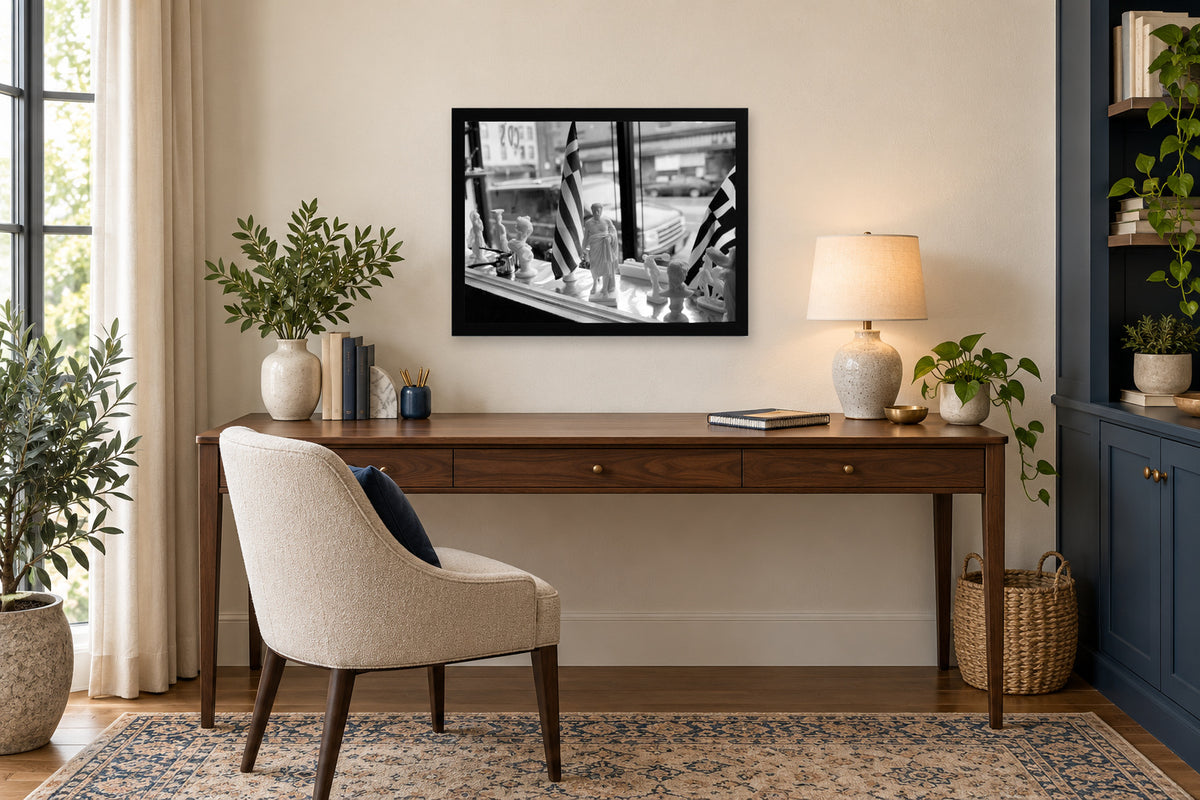 Greek Flags in the Shop Window in a black frame, shown in an office setting — room visualization