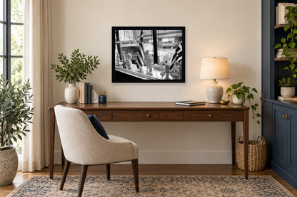 Greek Flags in the Shop Window in a black frame, shown in an office setting — room visualization