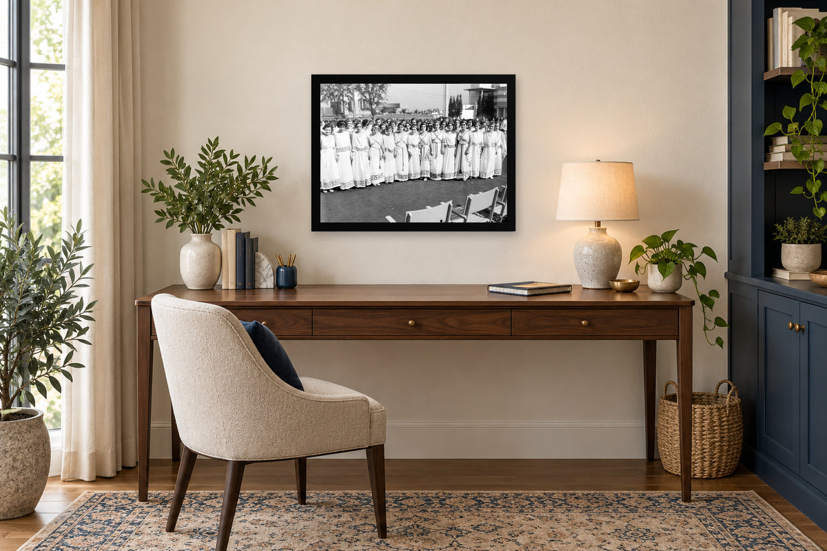 Women in Matching Greek Dress in a black frame, shown in an office setting — room visualization