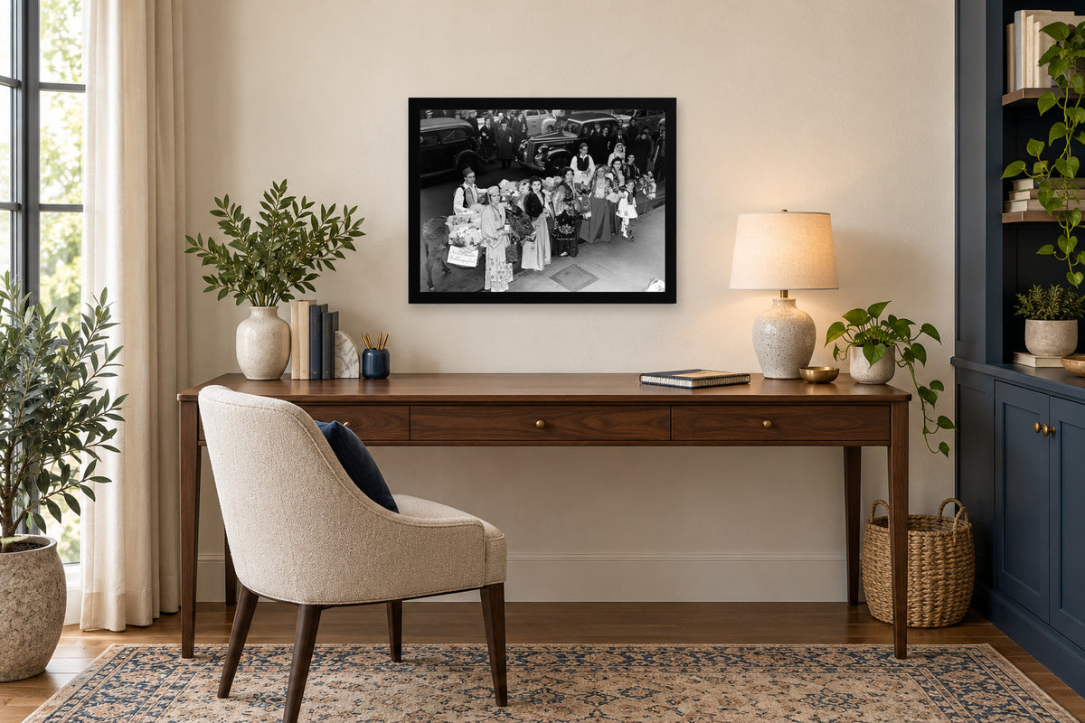 Traditional Dress on a Neighborhood Street in a black frame, shown in an office setting — room visualization