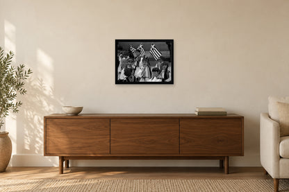 A Colorful Parade Group in a black frame, shown in a home setting — room visualization
