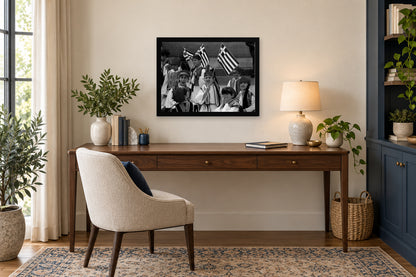 A Colorful Parade Group in a black frame, shown in an office setting — room visualization