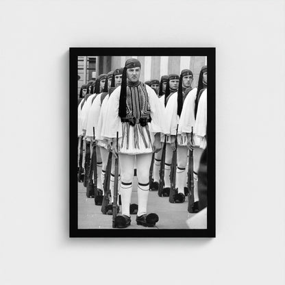 Evzones Standing Together — 12 × 16 inch black framed print