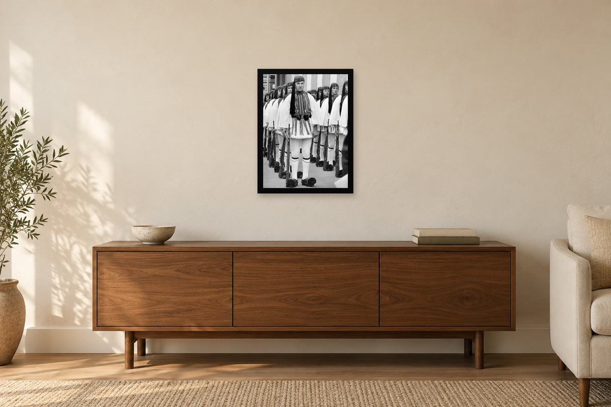 Evzones Standing Together in a black frame, shown in a home setting — room visualization