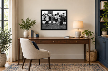 Dancing Together Indoors in a black frame, shown in an office setting — room visualization