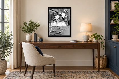 An Evzone in Motion in a black frame, shown in an office setting — room visualization