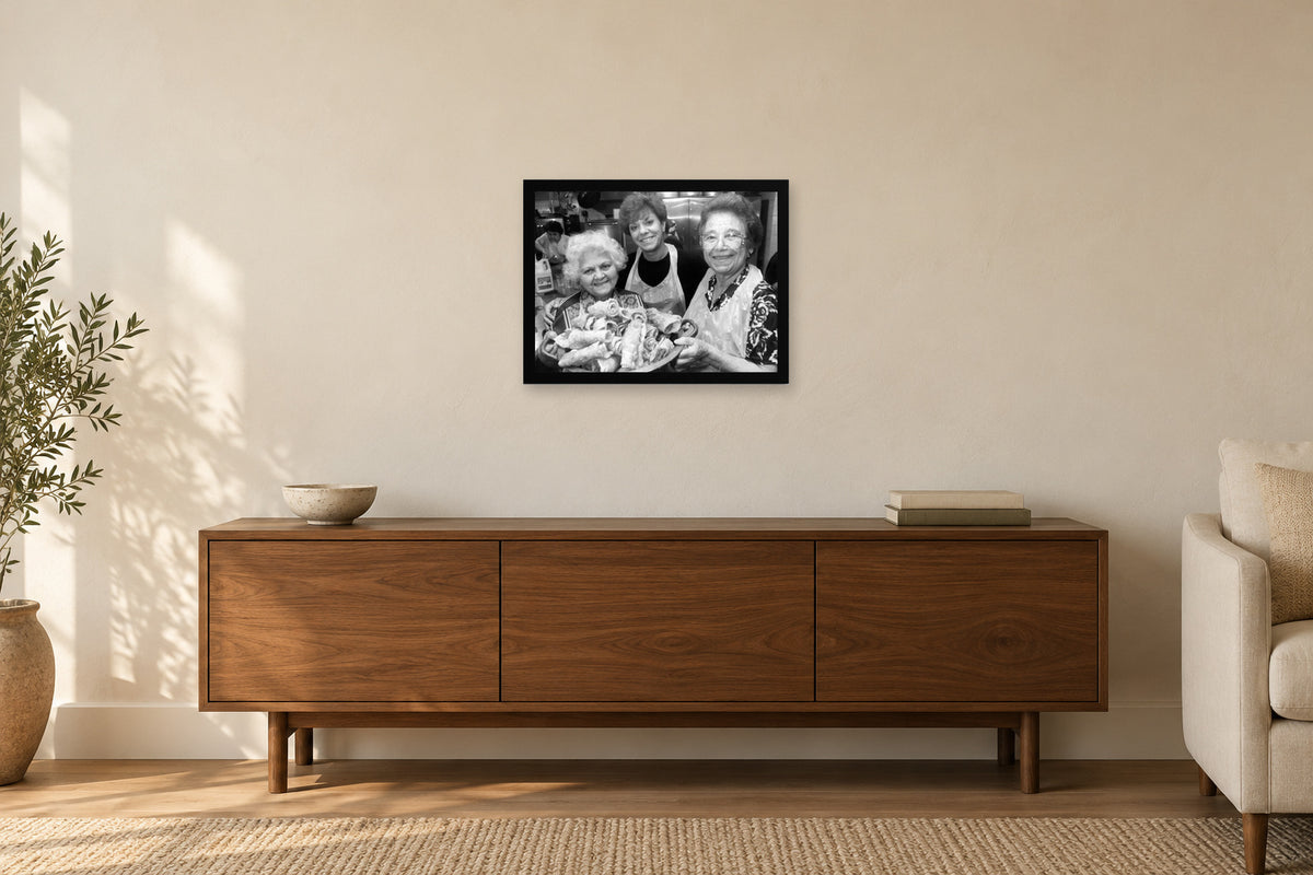 Sharing Homemade Food in a black frame, shown in a home setting — room visualization