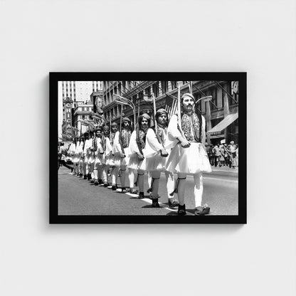 Evzones beside the Chicago Theatre — 12 × 16 inch black framed print