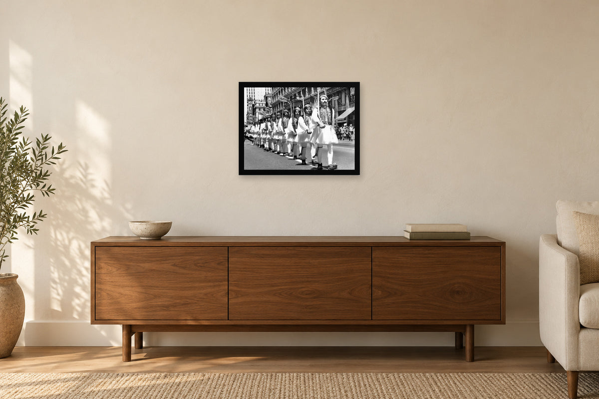 Evzones beside the Chicago Theatre in a black frame, shown in a home setting — room visualization